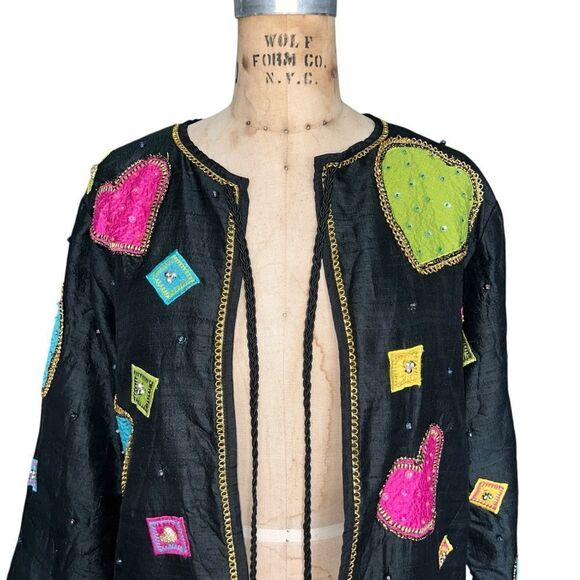 Colorful Silk Jacket with Heart Appliqué by JA Resort Oversized Size S - Picture 5 of 7